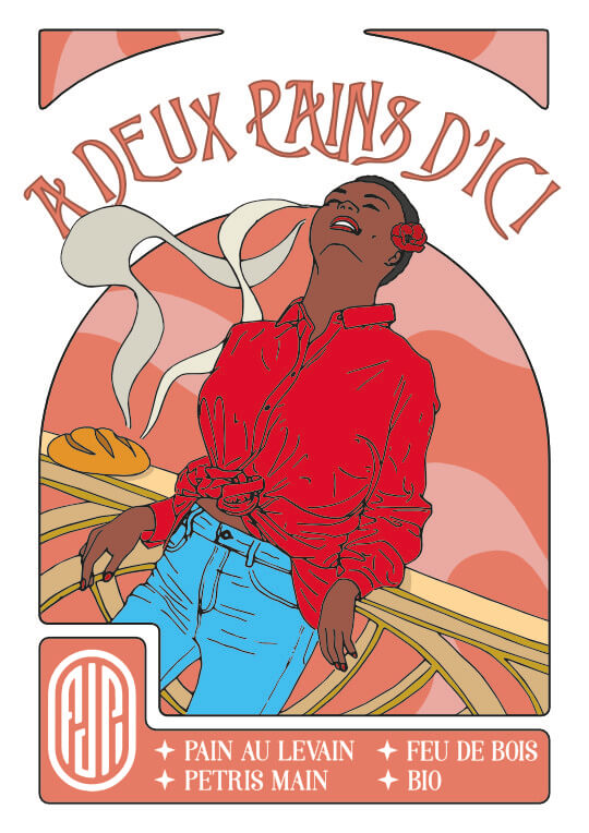 affiche dans le style Art Nouveau. Une femme est accoudée à un balcon et respire la fumée d'un bon pain. 