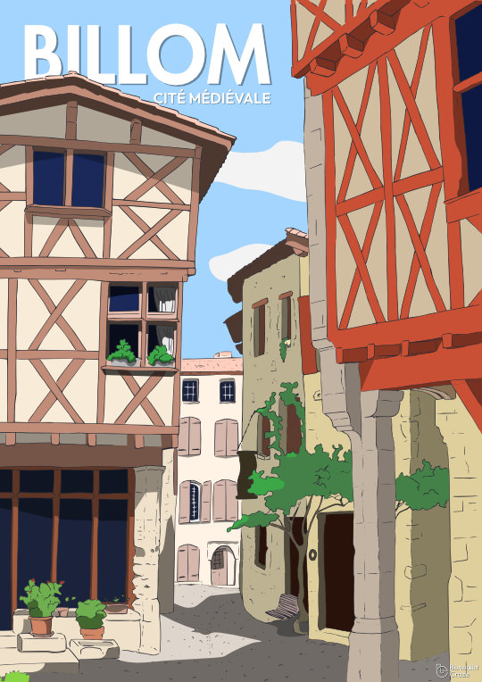 affiche de la cité médiévale de Billom. Illustration style bd avec des maisons en colombage.