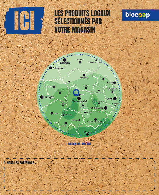 carte de producteurs imprimée sur du liège. La carte est représentée par un cercle au centre pour laisser de l'espace sur les bords pour les sproducteurs.