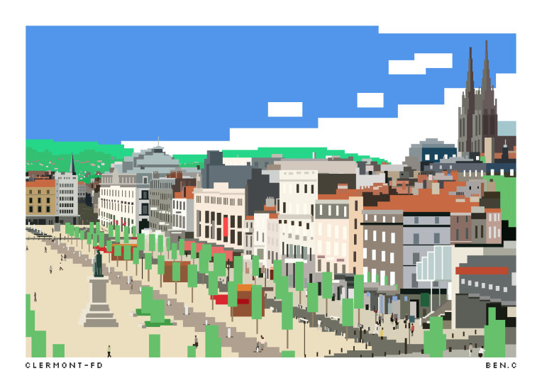 affiche de la place de jaude à clermont en style pixel.