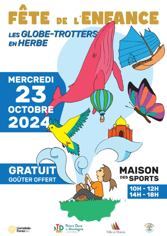 Affiche de la fête de l'enfance. Une fille ouvre son sac à dos, pleins de choses en sort (baleine, voilier, papillon...)