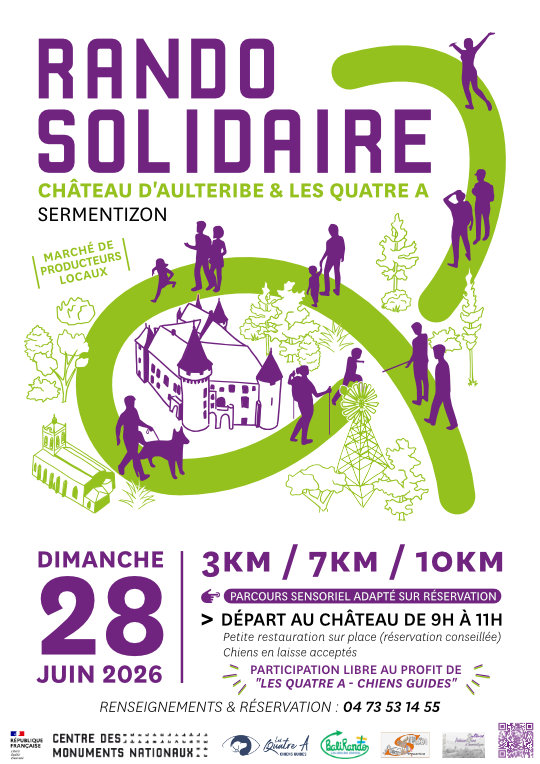 affiche de la randonnée. un tracé est représenté avec des personnes marchant dessus. Le château d'Aulteribe est au centre du visuel.