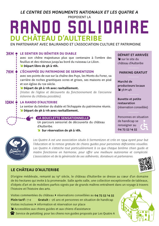 affiche de la randonnée. un tracé est représenté avec des personnes marchant dessus. Le château d'Aulteribe est au centre du visuel.